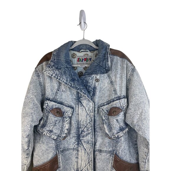 Vintage East West Denim Jacket With Faux Leather Accents & Pockets Button & Zip - Picture 3 of 11